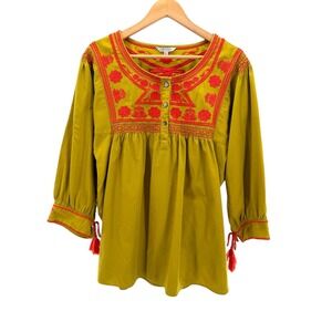 John Mark Embroidered Tunic Top XL Tassel Boho Peasant Cotton Blouse Tunic